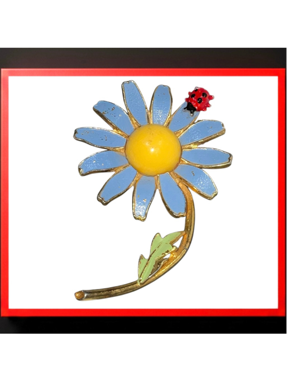 Vintage Rare Signed WEISS Blue Enamel Daisy Flower Ladybug Brooch Pin
